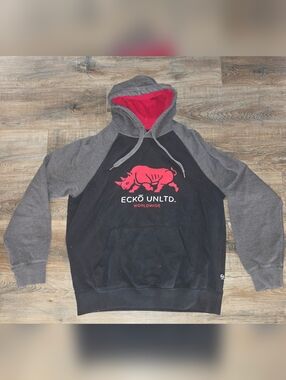 Ecko Unlimited Y2k VTG Men’s Two-Tone Black & Gray Hoodie with Red Rhino Logo L
